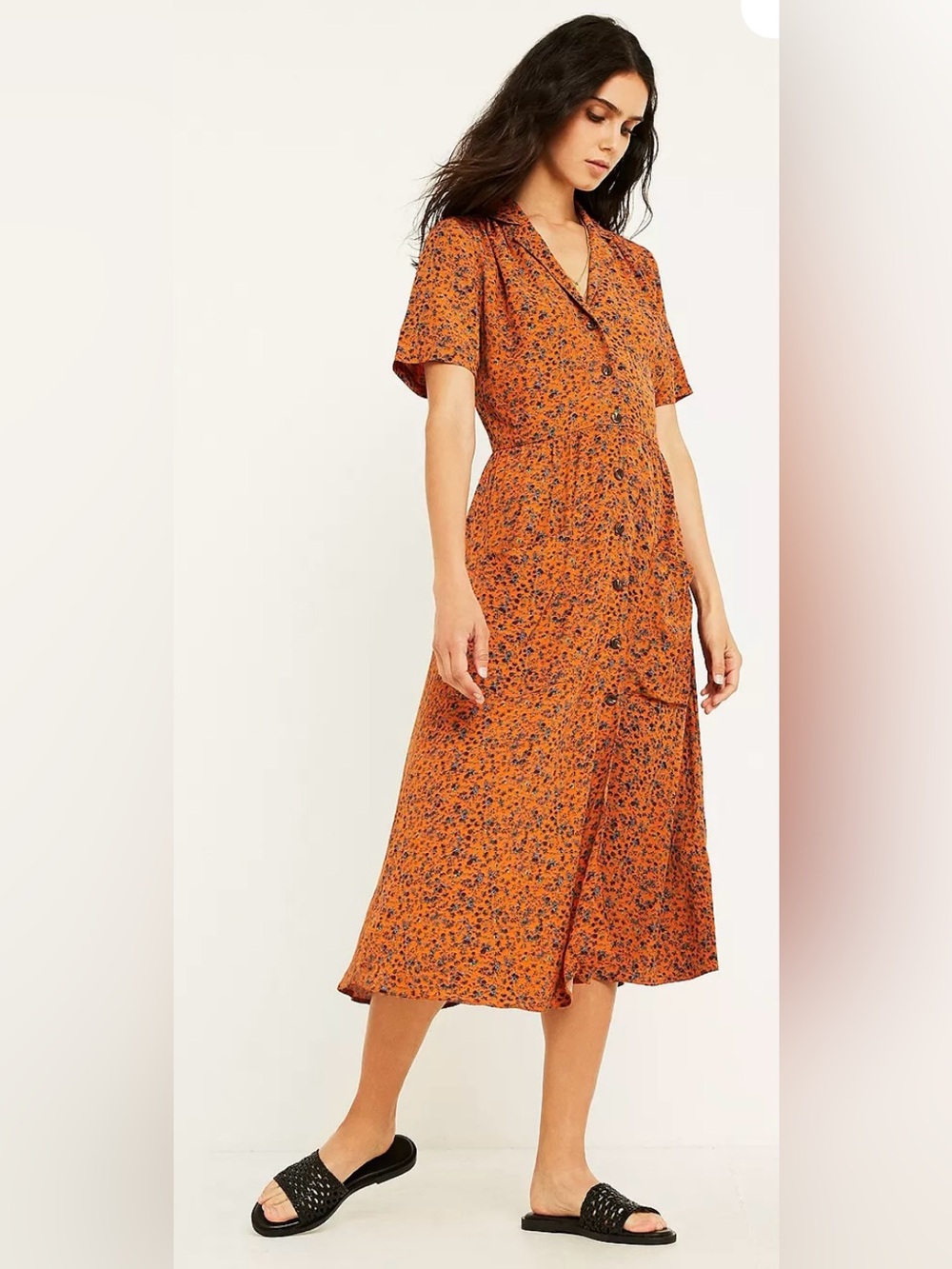 New Urban Outfitters Floral Print Midi Shirt Dress In Muted Orange  Size S